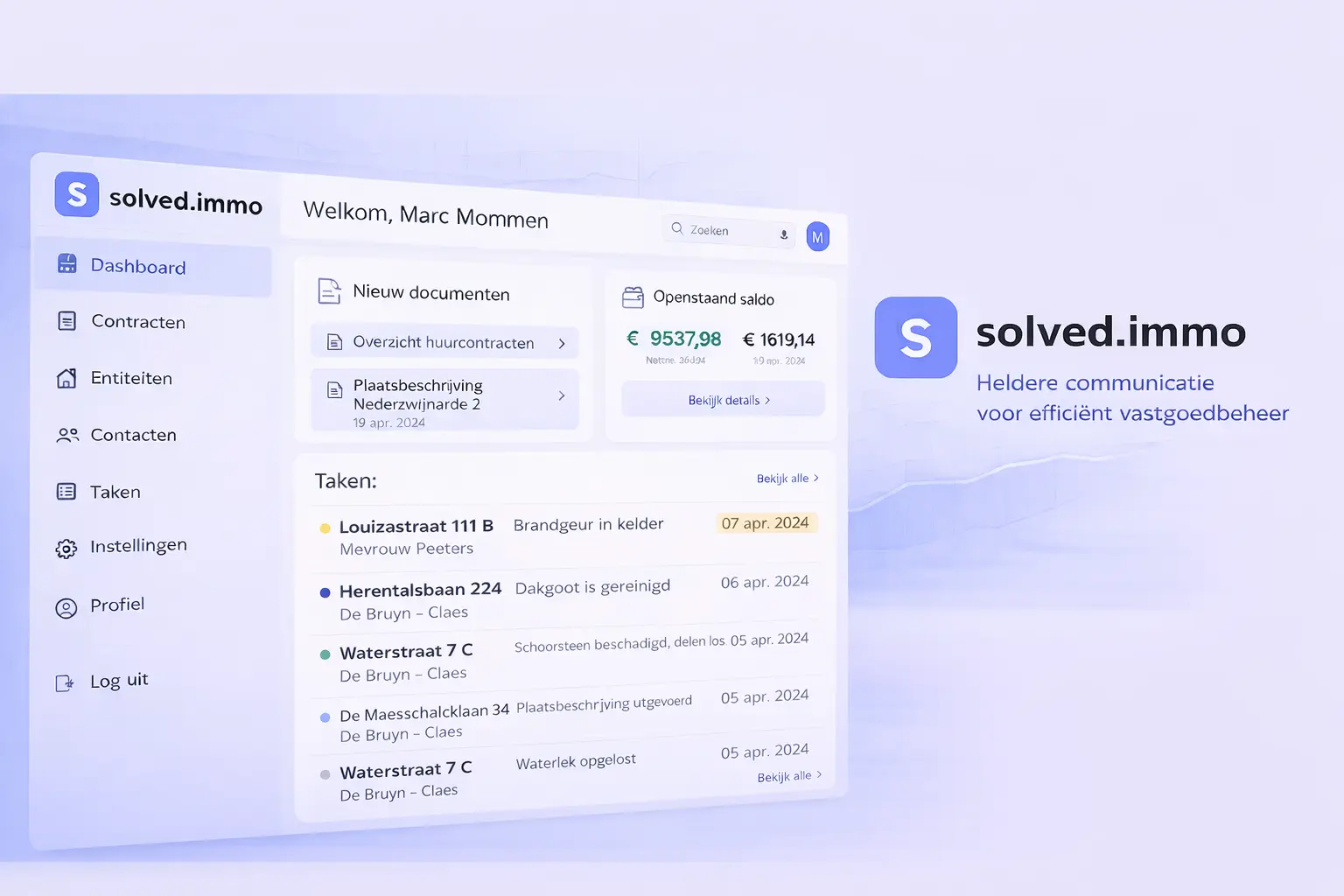 Dashboard van solved.immo met overzicht van taken, documenten en opvolging voor vastgoedbeheer